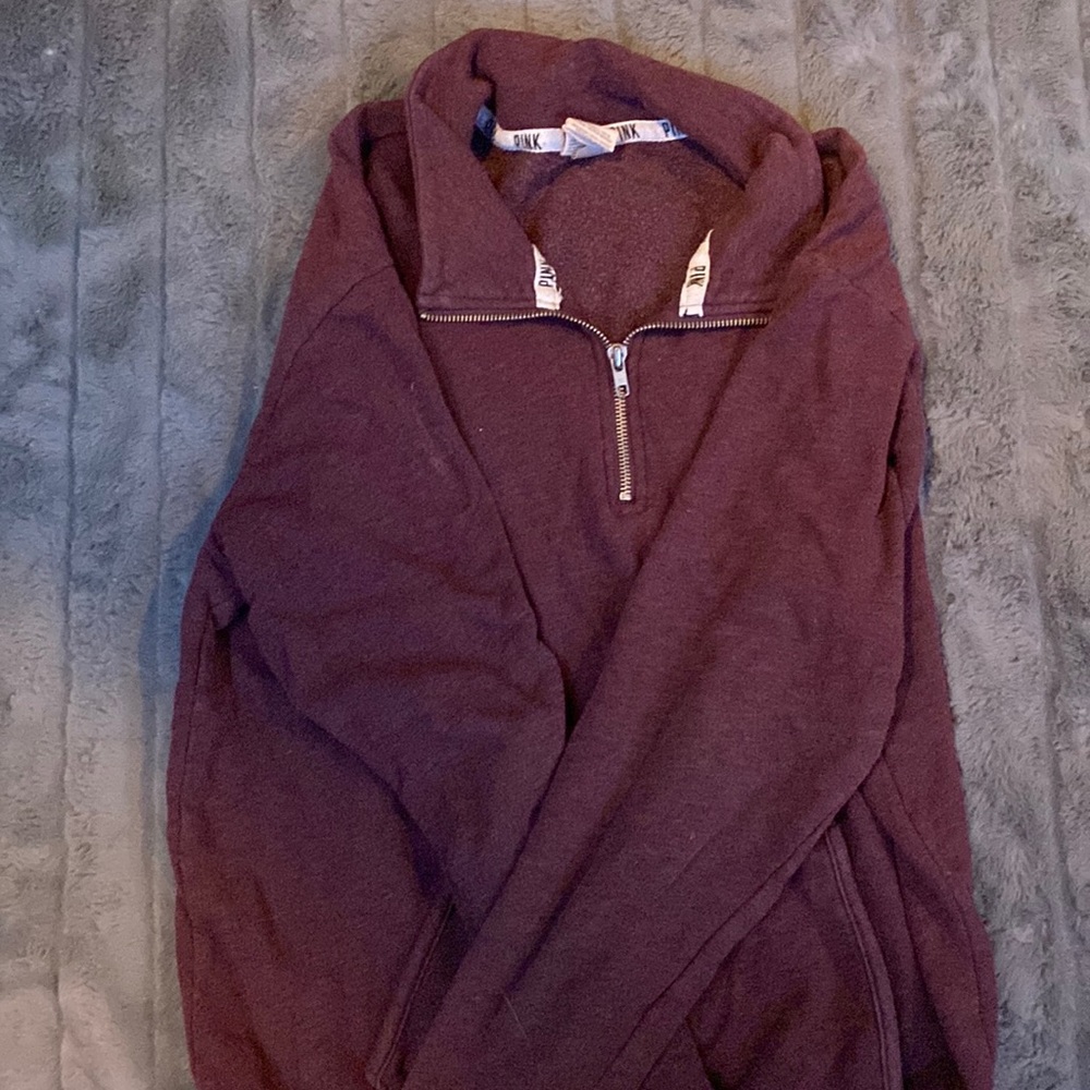 PINK burgundy quarter-zip crewneck with leopard writing on the back size S.
